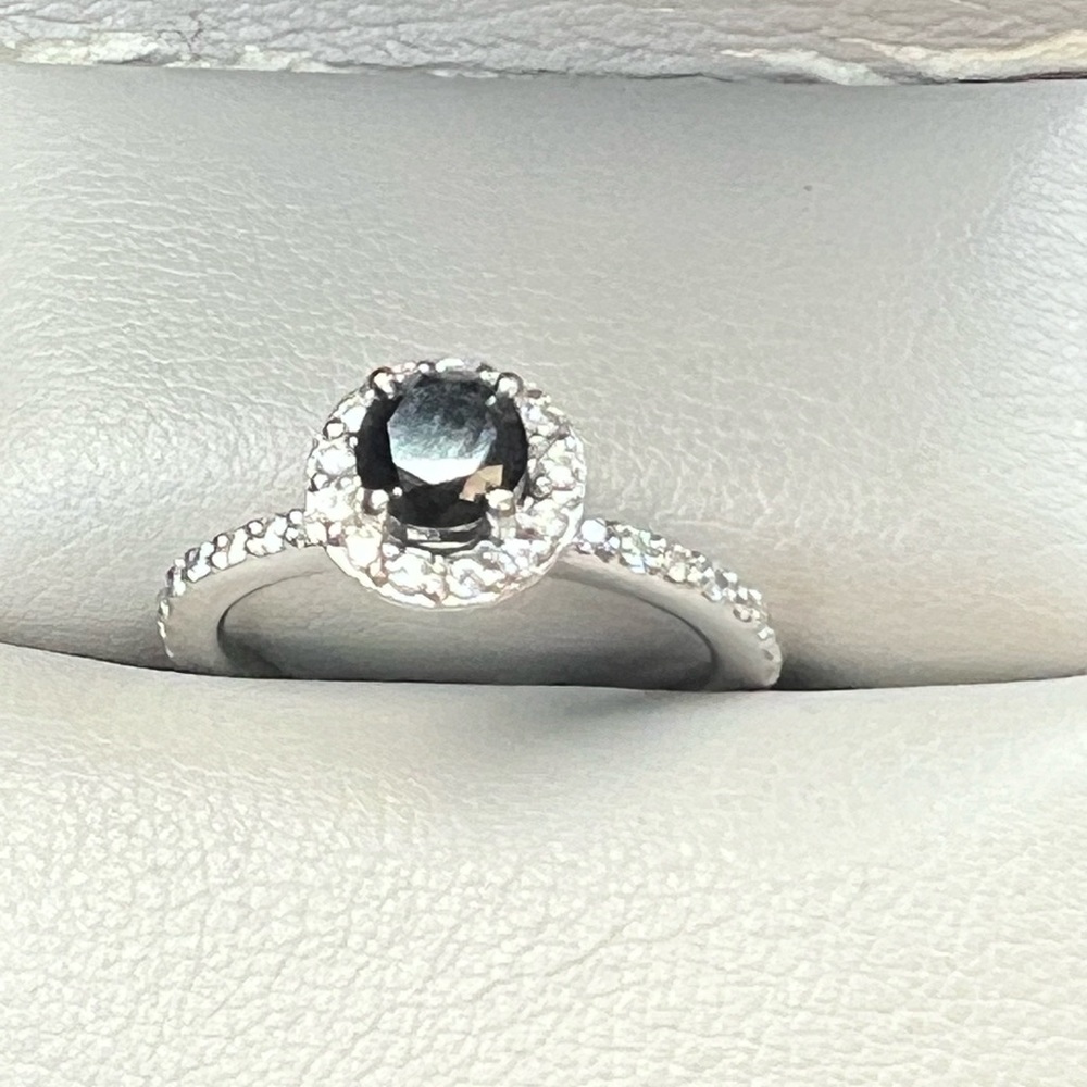 Black diamond solitaire halo diamond white gold ring size 6